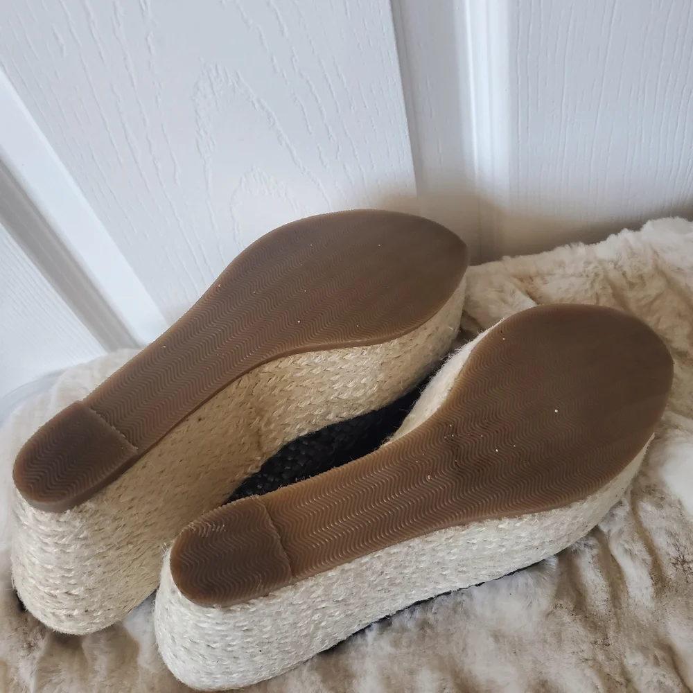 Black Leather Peep Toe Wedge Espadrilles